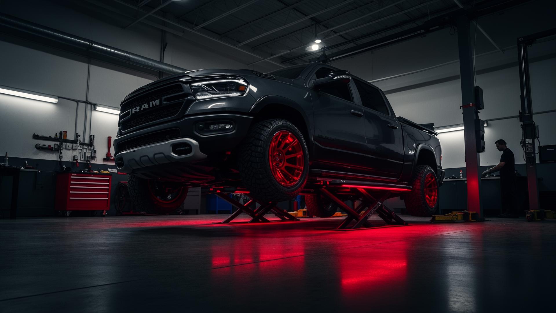 Truck on a lift inside Marina Tire & Auto Repair