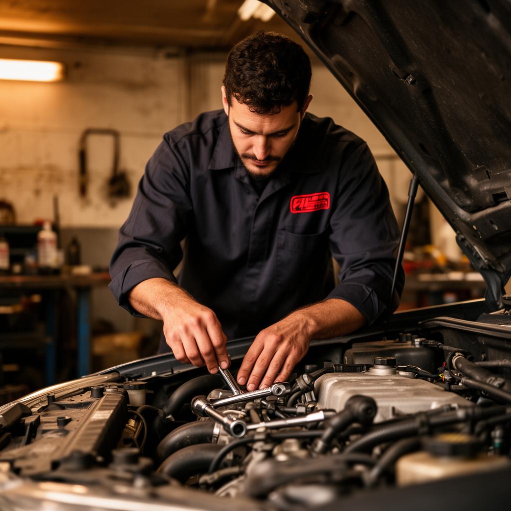 Mechanic working on engine at Marina Tire & Auto Repair